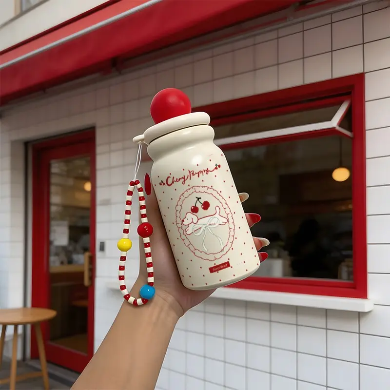 500ML Cherry Pattern Insulated Tumbler with Straw, Stainless Steel, Leak-Proof, Portable, Ideal for Travel, Office, Holiday Gift