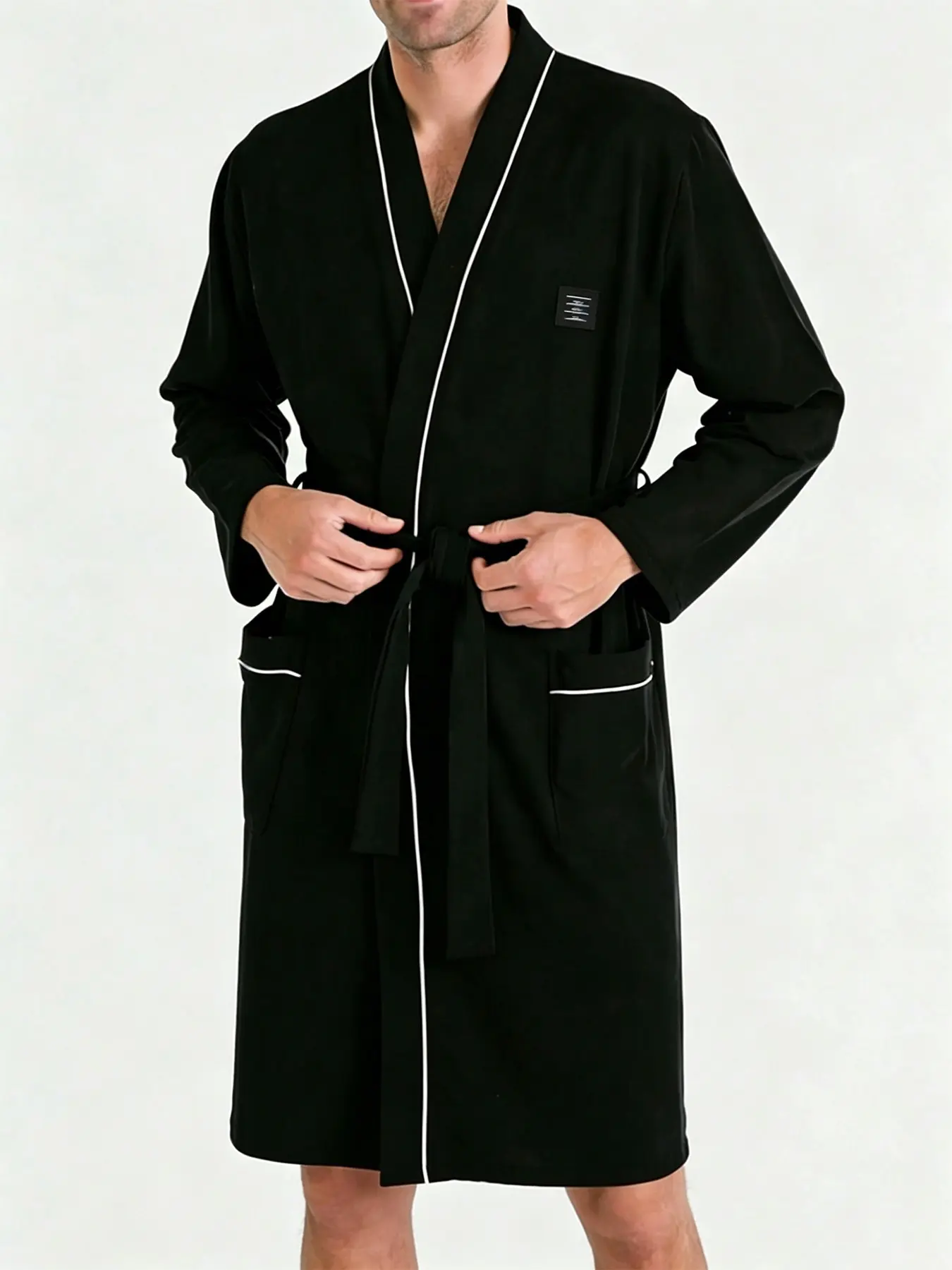 Men's Casual Loose Loungewear Robe, Long Sleeves, Classic Contrast Piping, With Belt And Pockets, Suitable For Home And Daily Use