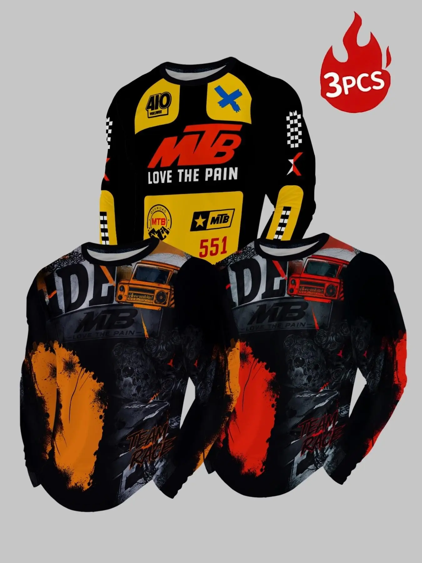 Men's 3-Pack MTB Mountain Bike Racing Skull Graffiti Print Long Sleeve Tops, Cycling Style Outdoor Sports Casual Wear, Graphic Athletic Top