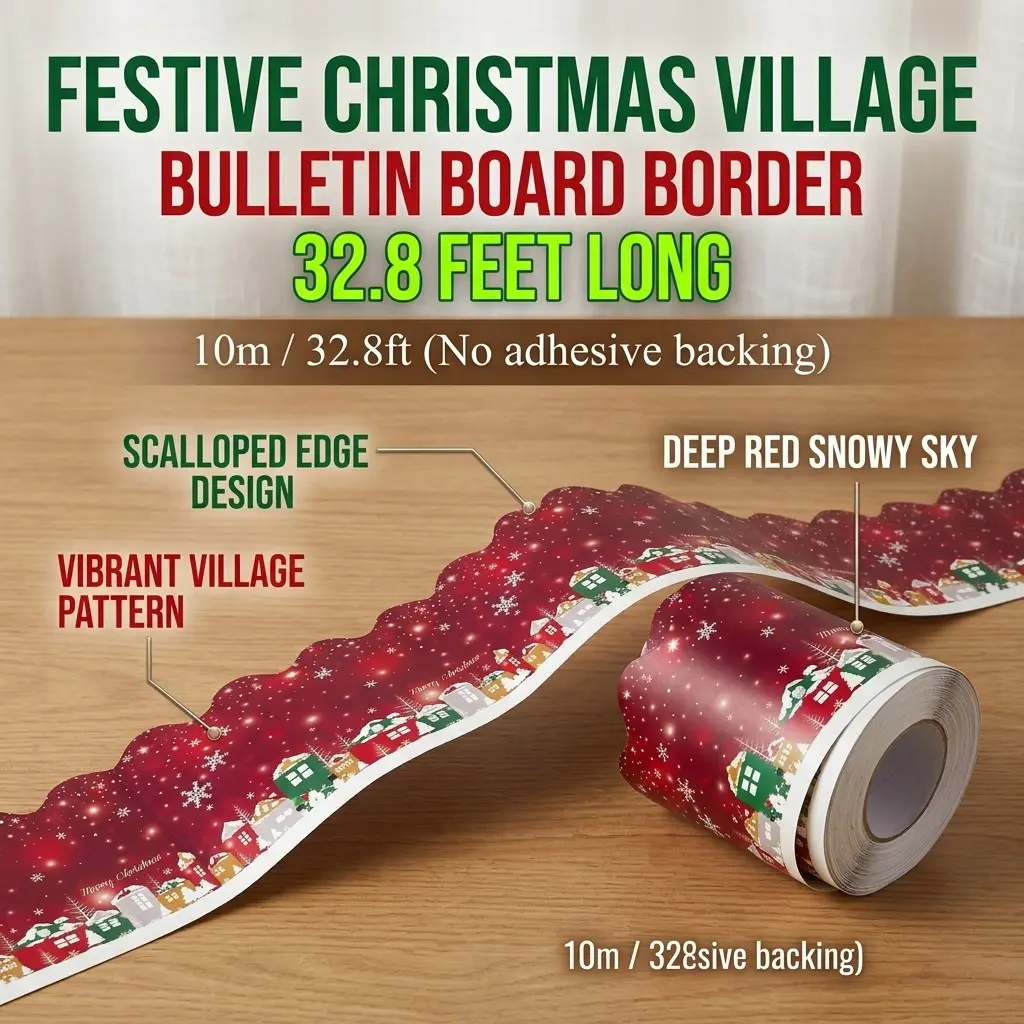 Christmas Theme Bulletin Board Decoration, Wave Edge Design, Free Cut, Classroom Decor, DIY Craft, Party Background, No Adhesive