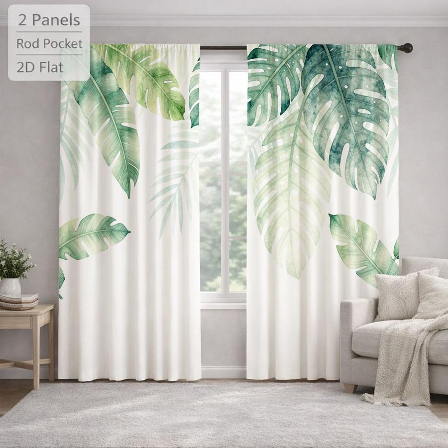 2Pcs Botanical Tropical Plant Leaf Pattern Sun Blocking Curtains Digital Printed Rod Pocket, Window Treatment For Bedroom Office Kitchen Living Room Study Home Decor