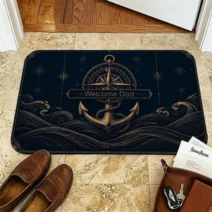 Nautical Doormat with "Welcome Dad" Compass & Anchor, Vintage Ocean Waves Welcome Mat, Navy Blue Gold Non-Slip Indoor Entryway Rug, Father's Day Gifts for Dad