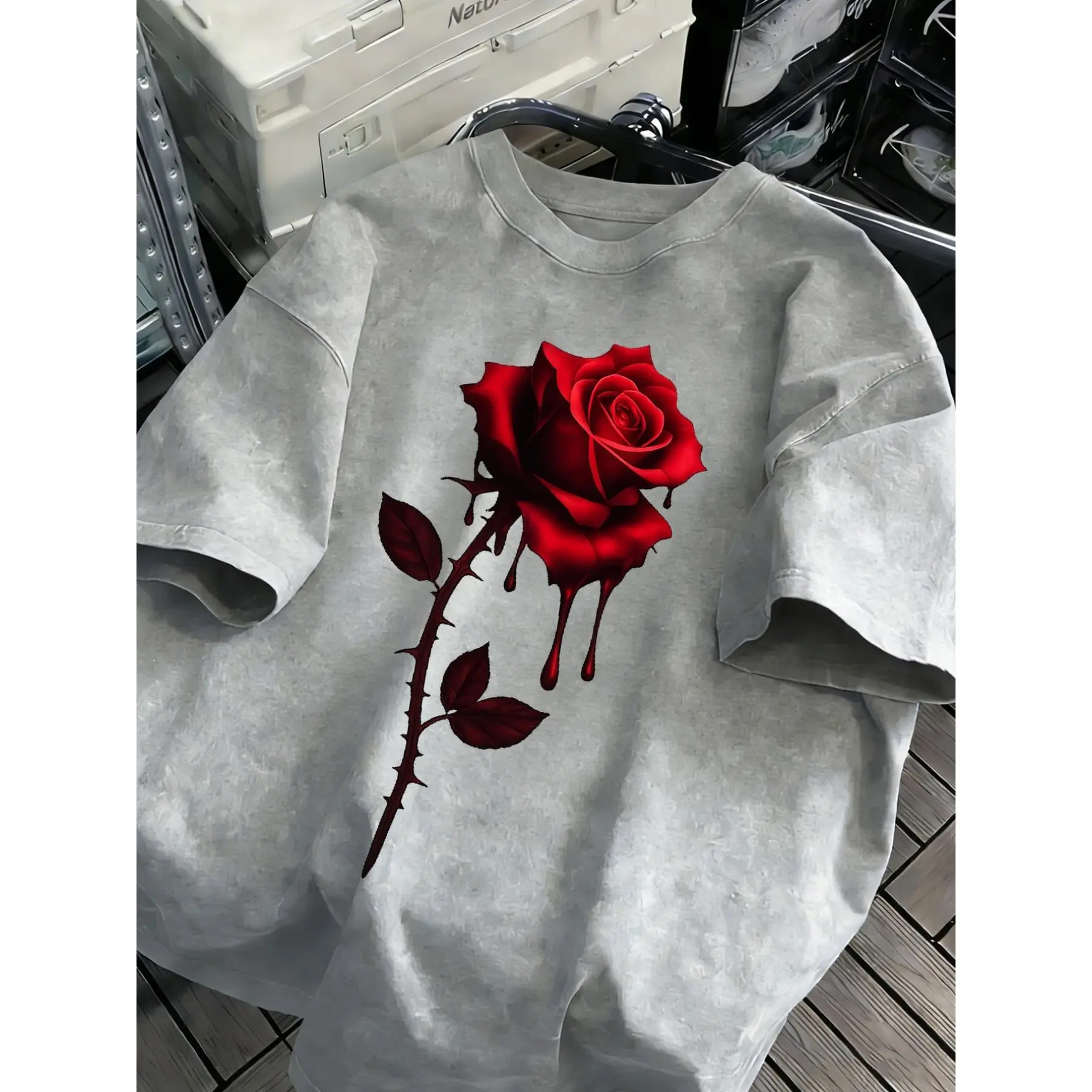 Men's Pure Cotton Round Neck Shortsleeve T-Shirt - Lightweight, Dark Blood Rose Floral Print, Medium Length, Unique Vintage Design, Machine Washable, Multi-Color, Casual Classic Top, Holiday Gift, Gooner Eat Sleep Goon Repeat Streetwear Tee, Tops, Menswea