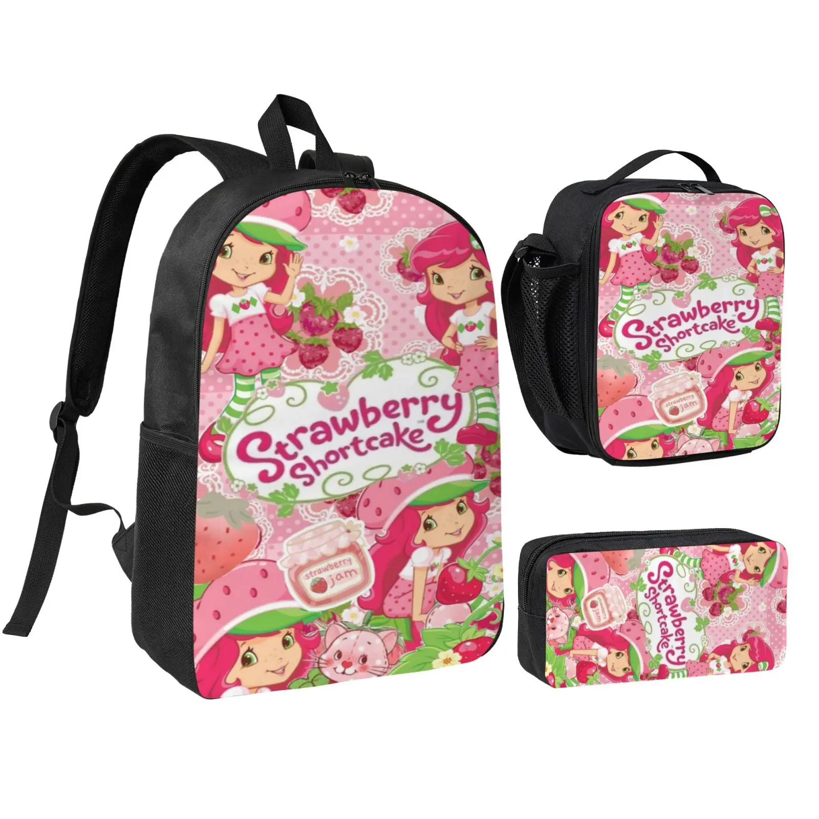 Anime Strawberry Shortcake Kids 3Pcs Multipurpose Teen Backpack Set with Adjustable Shoulder Straps, School Bookbag, Insulated Lunch Box & Pencil Bag for Boys Girls Daily School Travel Office
