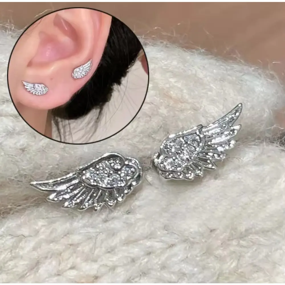 Luxury Sparkling Inlaid Zircon Angel Wing Stud Earrings, Silver Tone Shiny Crystal Creative Ear Studs, Hypoallergenic Elegant Jewelry Gift for Women Daily & Party