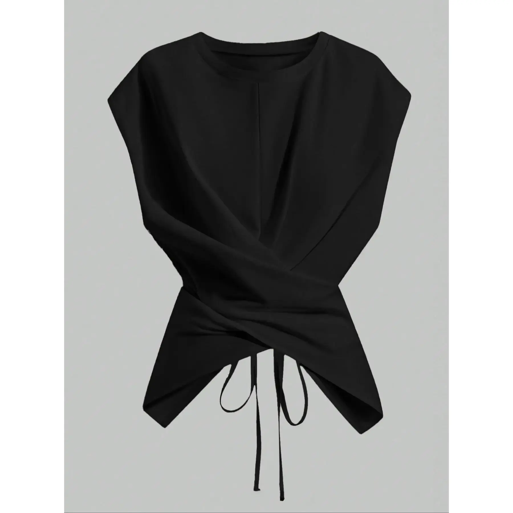 Casual Asymmetrical Knit Top for Women, Drop Shoulder Short Sleeve with Slimming Cross-Strap Drawstring Waist, Knitwear, Women's Clothes