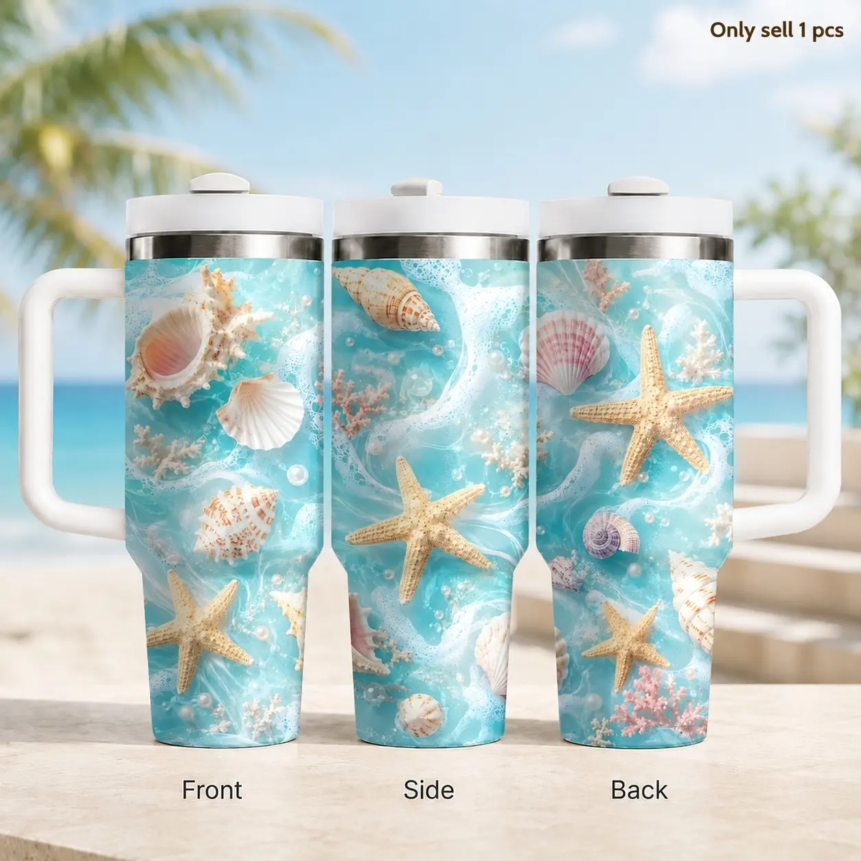 Beach Starfish Seashell Design 40oz Stainless Steel Tumbler with Straw & Handle, Coastal Aesthetic Travel Cup for Coffee and Cold Drinks, Stylish Hydration Cup for Office, Car Cup Holder, Summer Vacation and Ocean Lovers