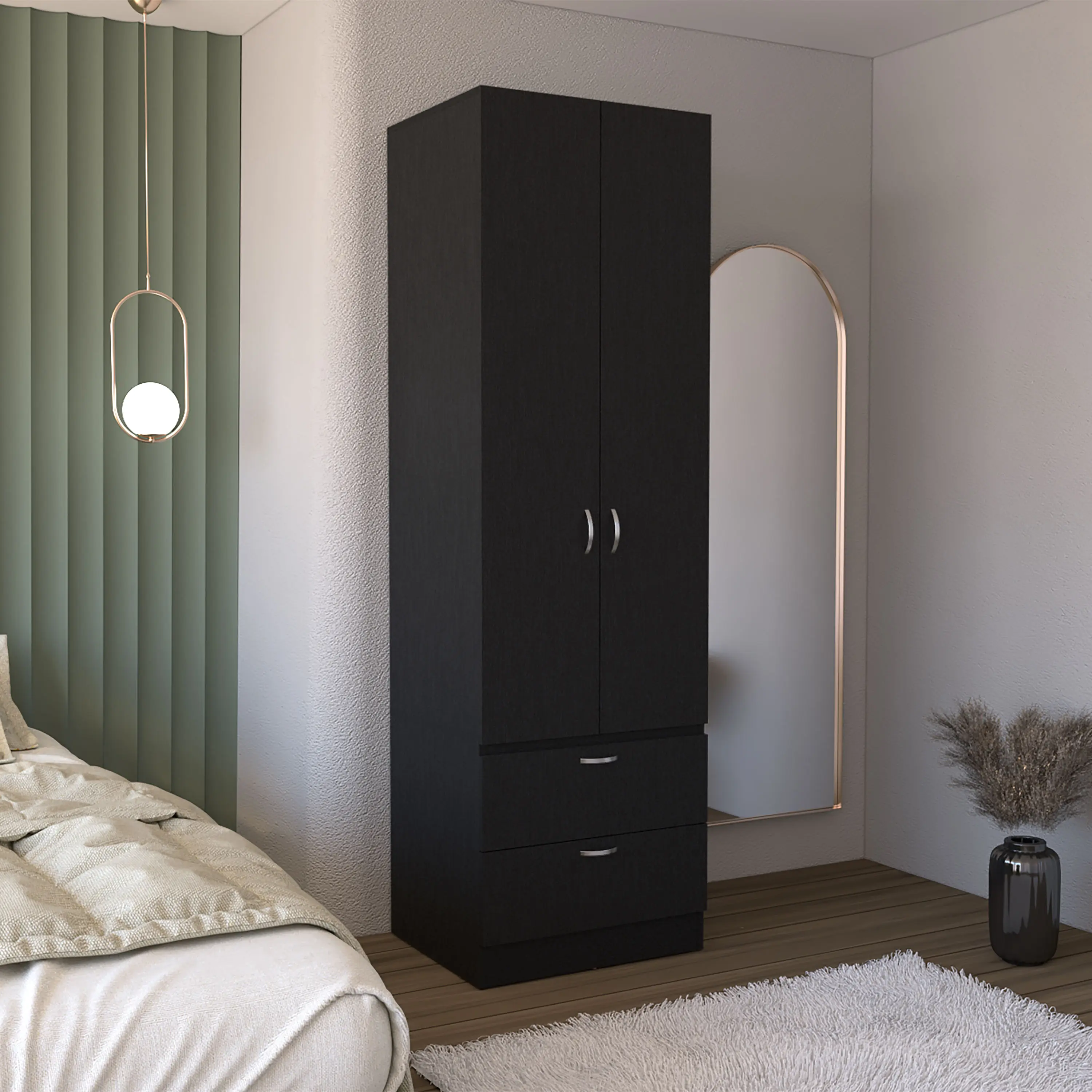 Nokaa Armoire Wardrobe 76.8" H with Hanging Rod, 2 Drawers, 1 Shelf, Black Engineered Wood, Freestanding Closet Organizer for Bedroom, Hallway, Entryway, Compact Storage Cabinet with Doors, Single Box, Black Color Options, Engineered Wood Material
