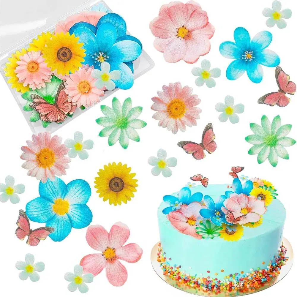 55pcs Edible Flower Butterflies Cake Topper Wafer Paper Flower Cupcake Toppers Hawaiian Flower Cake Decorations Mixed Size for Tropical Luau Themed Birthday Baby Shower Party Supplies