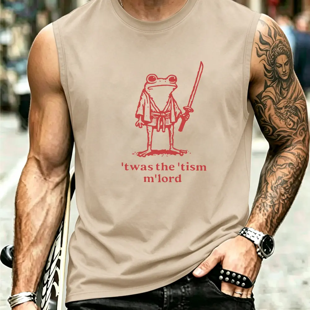Retro 'Twas The 'Tism M'Lord Frog Tank Top, Funny Samurai Warrior Meme Sleeveless Tee, Neurodivergent Autism Humor Tank, Casual Streetwear Workout Tank for Everyday & Gym Wear