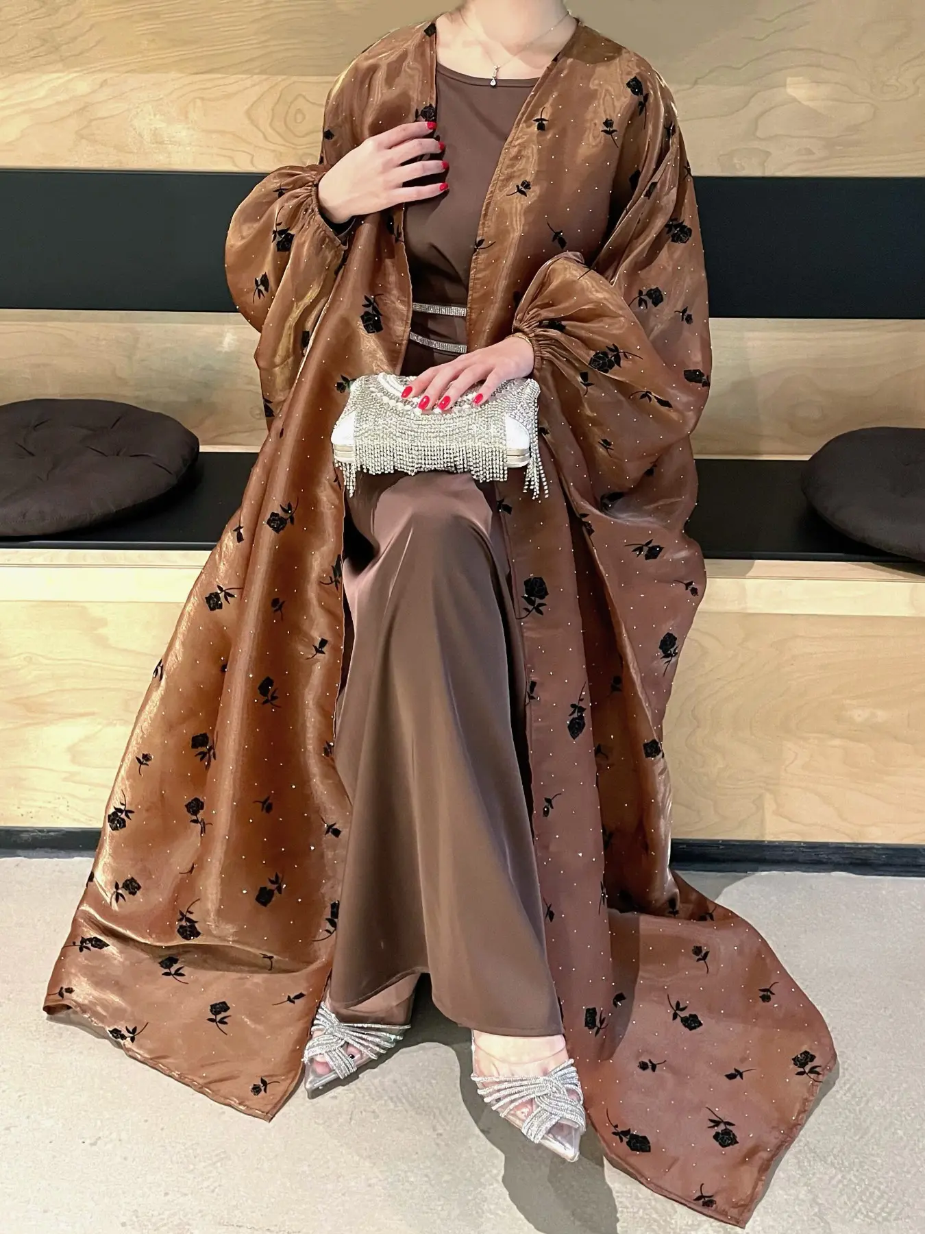 Elegant Luxurious Rose Print Shimmering Jacket Set, Modest Abaya Long Dress Ensemble, Two-Piece Round Neck Inner Skirt, Formal Wear
