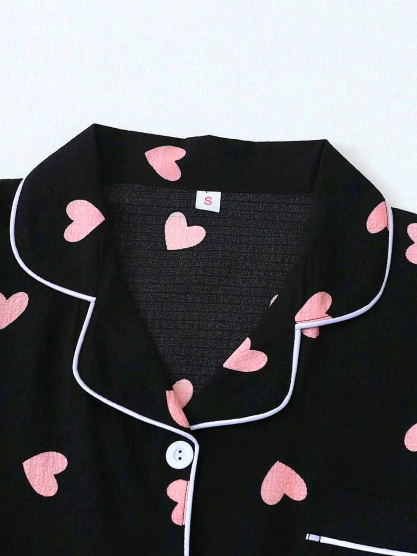 Women's Heart Print Short Sleeve Shirt & Elastic Waist Shorts Pyjama Two-piece Set, Casual Comfy Top & Shorts PJ Set, Ladies Sleepwear for All Seasons Pajamas Loungewear