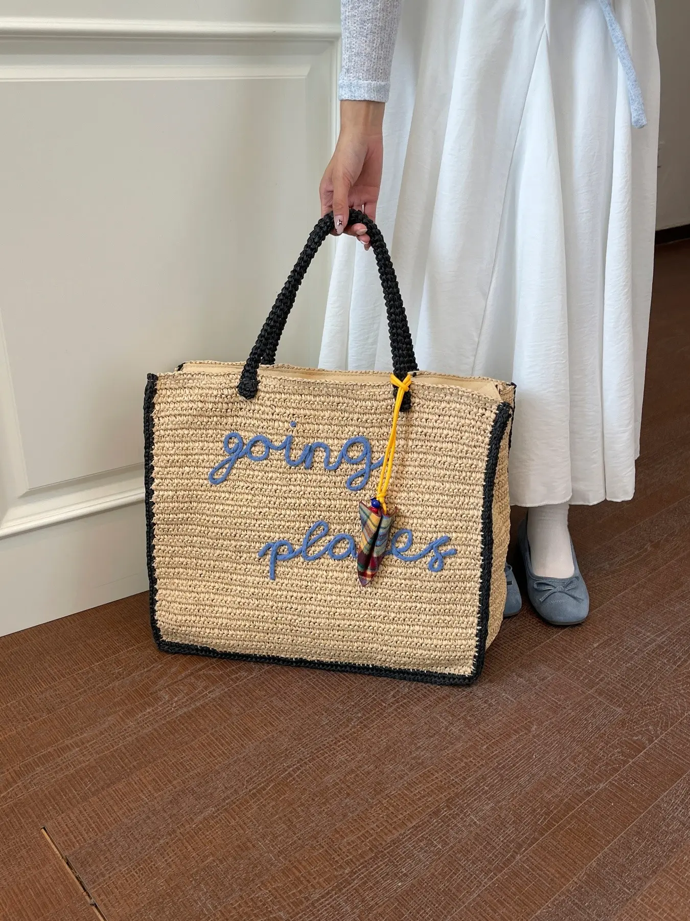 2026 New Colorblock Border Letter Embroidery Straw Tote Bag, Handmade Raffia Weave Large Capacity Shoulder Bag, Beach Vacation Commute Bag