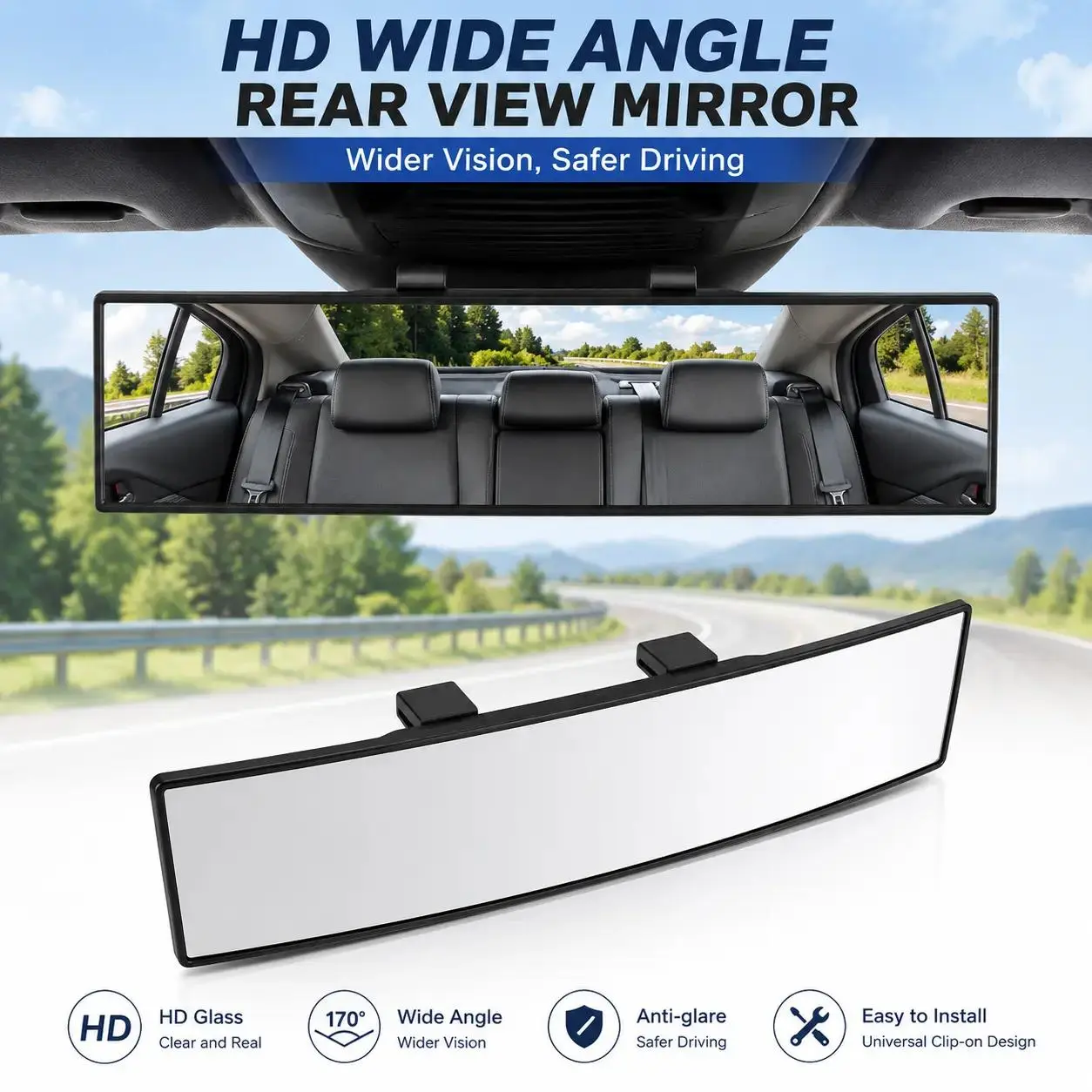 Car Rearview Mirror, 11.8 Inch Panoramic Wide Angle Anti-Glare, Clip on Auto Rear View Mirror, HD Clear Convex Surface, Car Interior Accessories Universal for SUV, Truck, Van, Vehicles