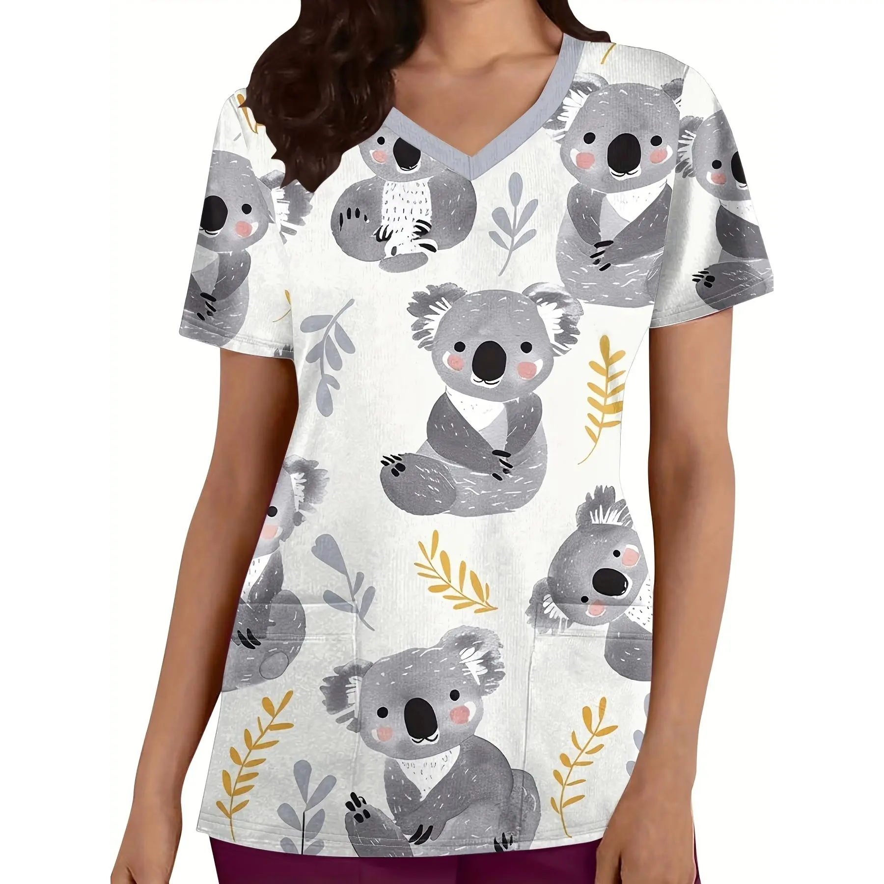 [Practical Uniform T-Shirt] Comfortable Gray Koala 3D Printed V-Neck Work Uniform | Women's Caregiver T-Shirt with Pockets | Practical for Hospitals And Clinics