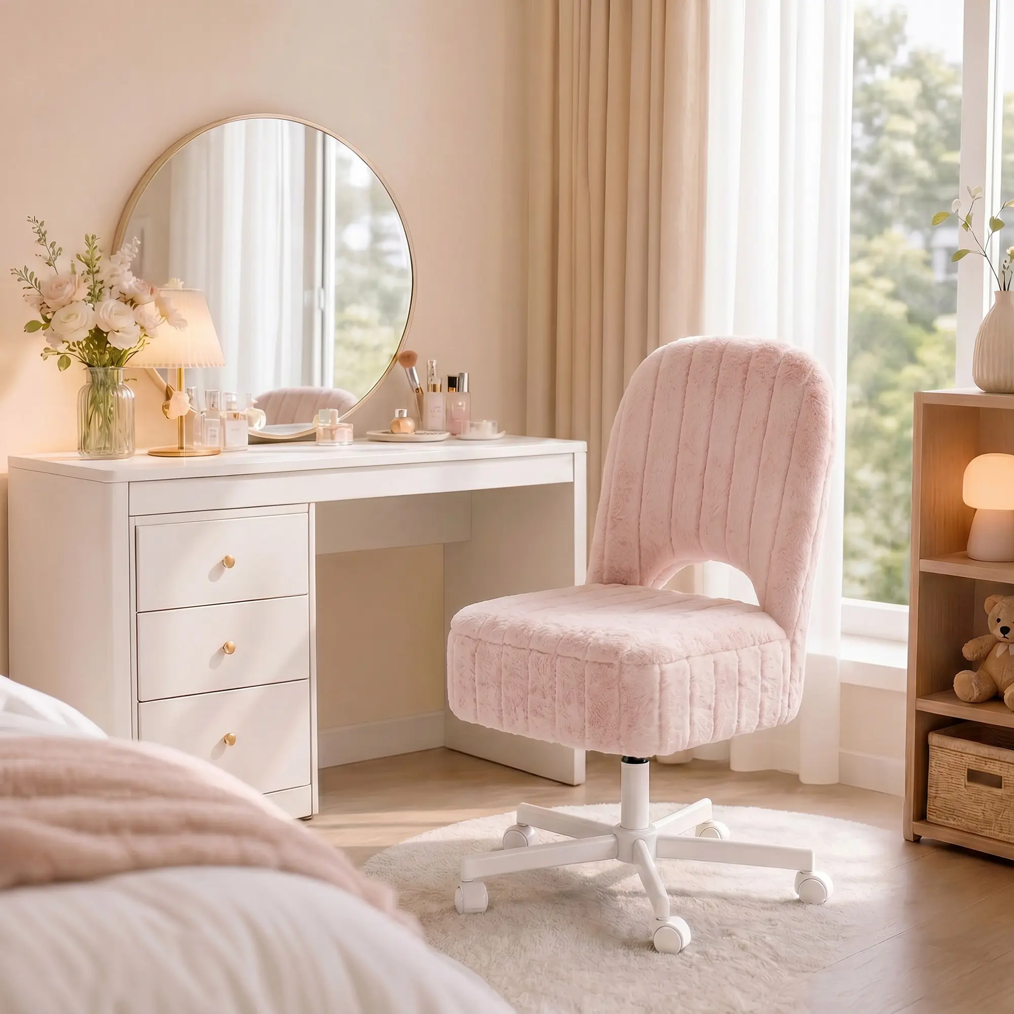 Spacious Storage Vanity Stool - White Padded Ottoman with Adjustable Height, 360° Swivel, Criss Cross Chair,Folding Backrest, Silent Wheels, Soft Faux Rabbit Fur for Makeup, Bedroom, Office