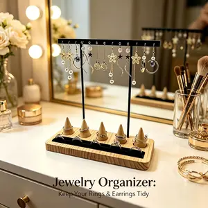 Three-In-One Natural Pine Wood Jewelry Display Rack, Multi-Functional Desktop Earring Ring Hair Accessory Organizer, Ideal Gift for Women