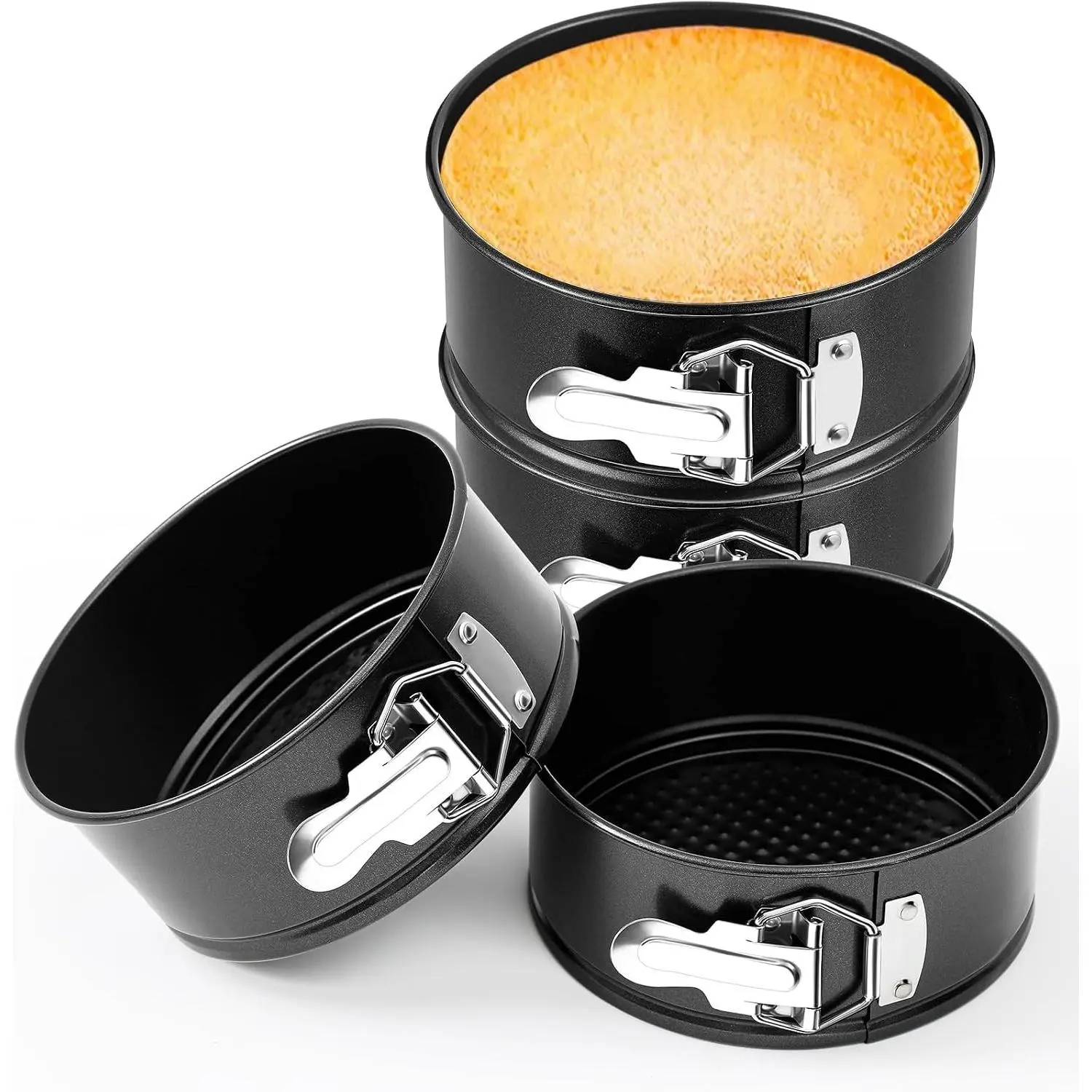4 Pcs 6 Inch Non Stick Springform Pan with Removable Bottom Carbon Steel Round Springform Cheesecake Pan with Stainless Steel Spring Buckles for Baking Kitchens Restaurant(Black)