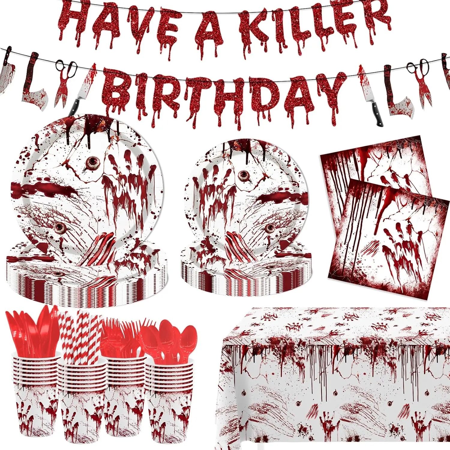 Killer Birthday Decoration, 194PCS Halloween Scream Party Tableware Decorations Include Have a Killer Banner Bloody Hand Print Plates Napkins Tablecloth for Horror Themed Birthday SuppliesGift.