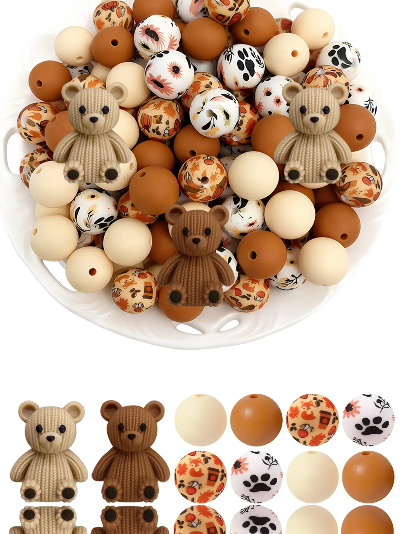 34pcs Vintage Bear Silicone Beads Set, Knit Texture, Fall Leaf Print, Earthy Colors, Ideal for DIY Jewelry, Perfect Gift