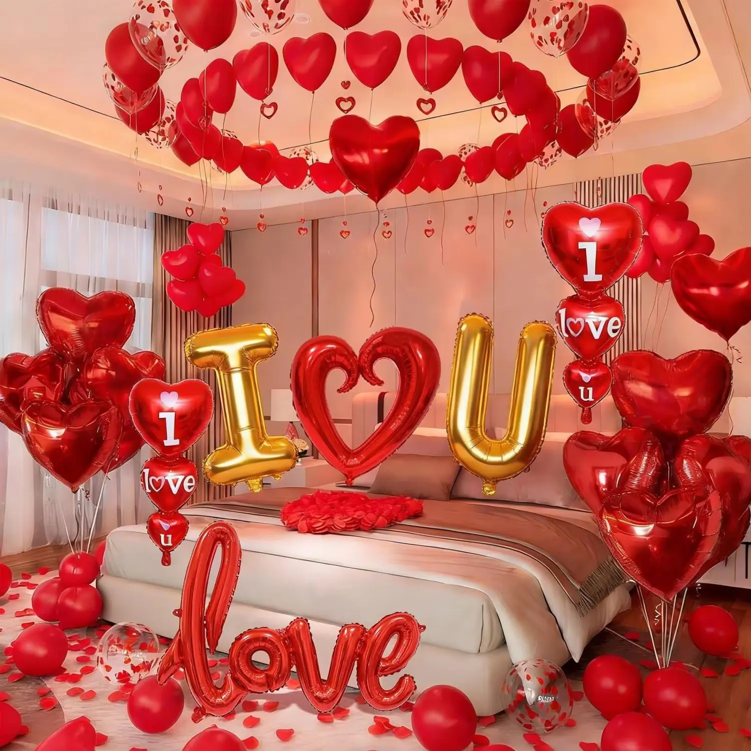 Valentine's Day Balloon Set, Heart Balloons with Realistic Petals, Love Balloon, Romantic Decoration for Proposals and Weddings