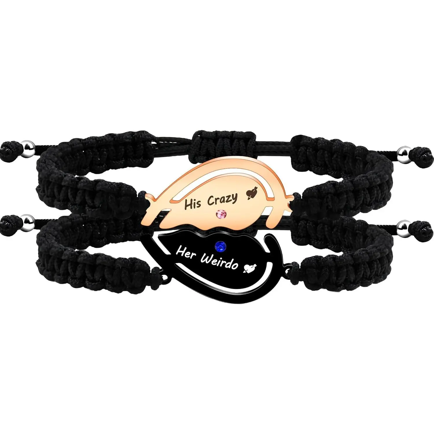 2 count Black/Rose  Custom Carved Heart-shaped Puzzle Bracelets, Hand Woven Stainless Steel with Zirconia  for Men and Women, Fashion Couples Promise Bracelets