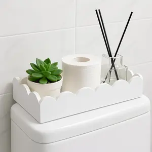 White Toilet Paper Basket Storage Scalloped Wooden Toilet Tank Tray Topper Farmhouse Bathroom Storage Organizer for Bedroom Vanity Kitchen Countertop Dresser Shelf Table Home Decor