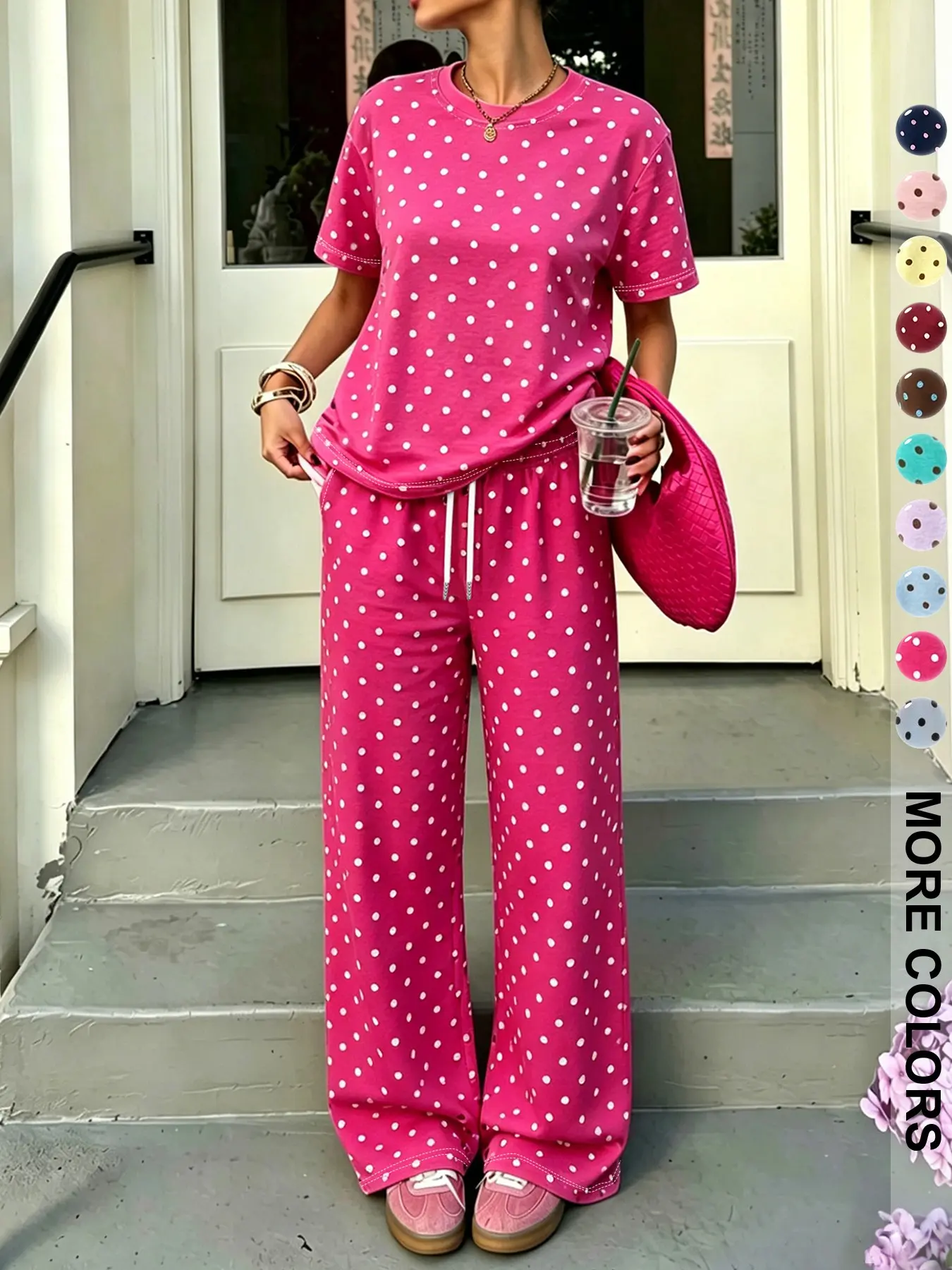 Women's Boho Style Polka Dot Print Set, Long Pants Short Sleeve, Multicolor Options, Millennial Fashion, Commute, Sports, Campus Wear