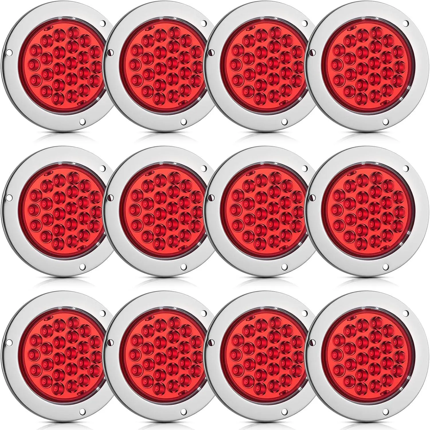 12 Pcs 4 Inch Round LED Trailer Tail Lights Kit 24 LED Red Stainless Steel Chrome Bezel Waterproof Stop Brake Turn Signal Lights for Truck Trailer Rv Flat Bed Camper Lorry Boat Tractor