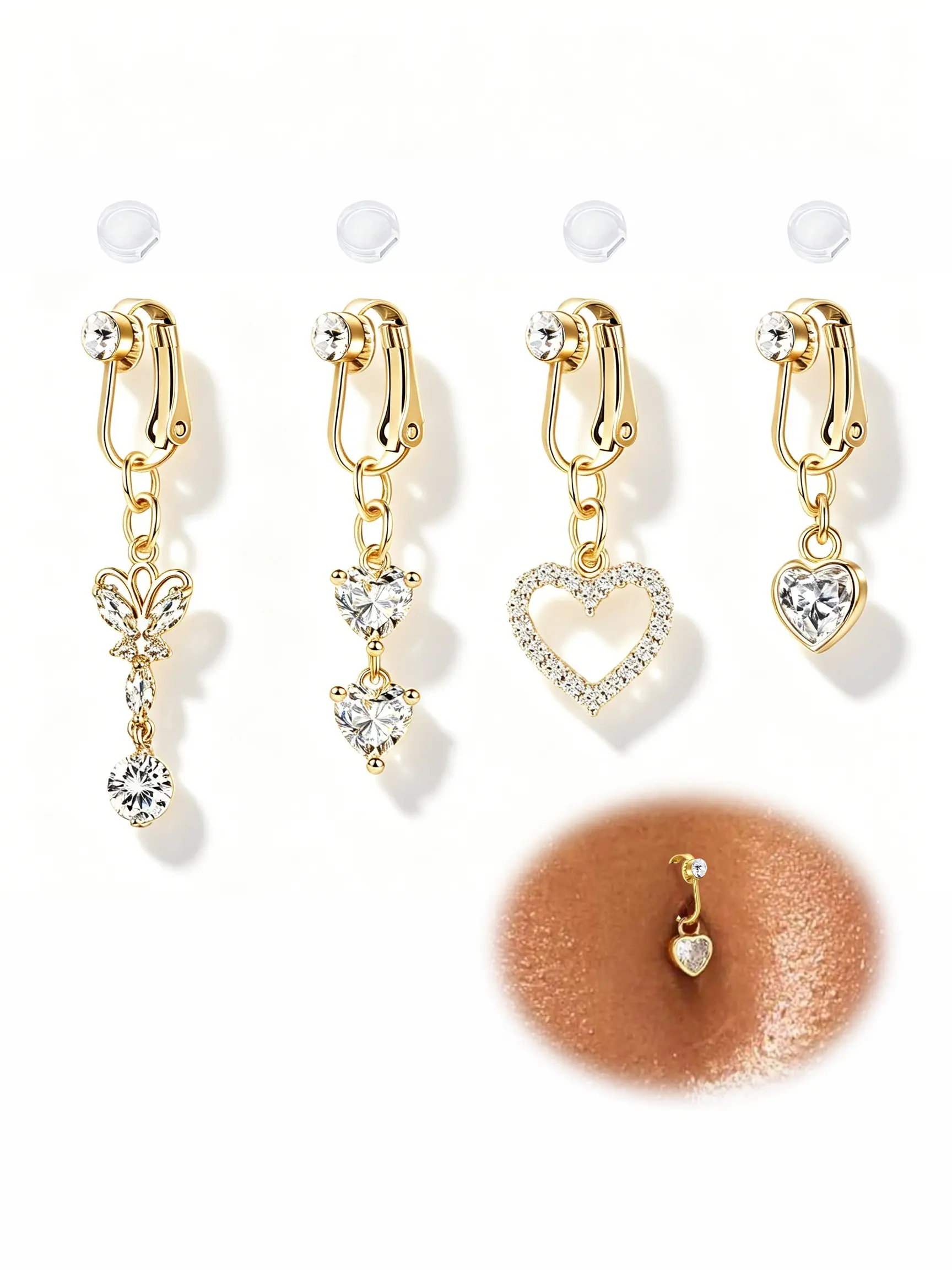 4 Pcs Elegant Cz Fake Navel Rings Belly Button Rings, Body Jewelry, Stainless Steel Heart & Butterfly Clip-On, Women's Pain Relief Silicone Pad, Daily Wear, All Seasons