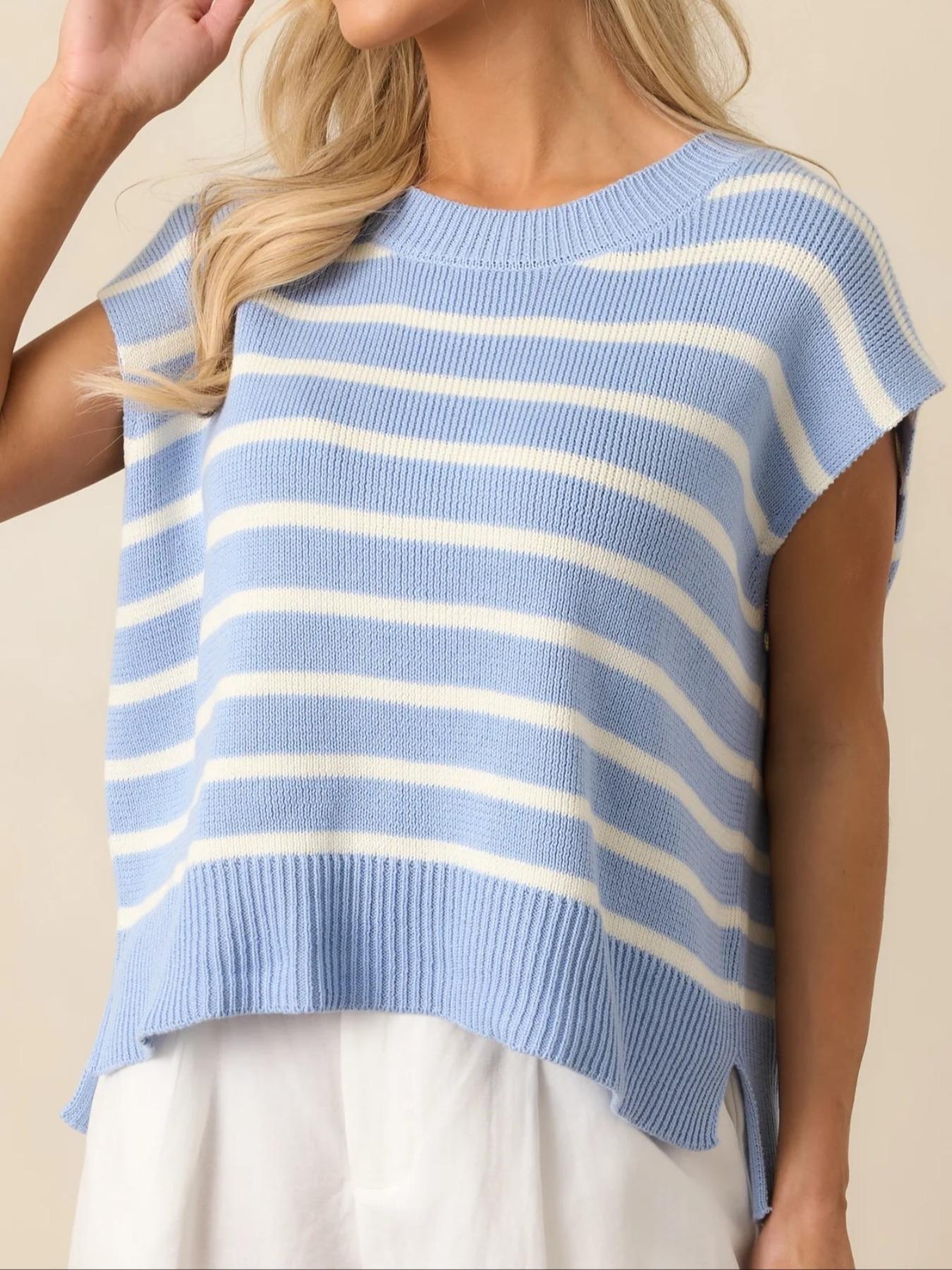 Women's Striped Print Crew Neck Sweater Pullover, Casual Jumper for Summer, Fashion Women's Knitwear for Daily Wear, Women Summer Tops, Oversized Knit Tops for Women