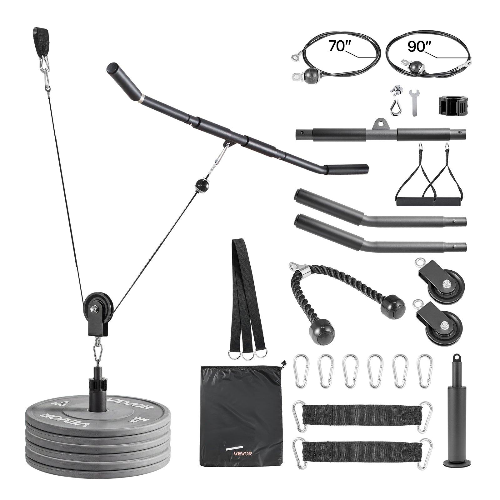 VEVOR Pulley System, 2 PCS LAT and Lift Pulley System, Gym Rack Pulleys Attachment with two Steel Cables, Short Bar, Dual Grip Handles, Cable Machine for Bicep, Shoulder, Back, Up to 330 lbs Capacity