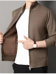 Men's Solid Color Stand Collar Zipper Knit Cardigan, Casual Loose Fit Long Sleeve Sweater Coat, Spring Autumn Fashion Outerwear