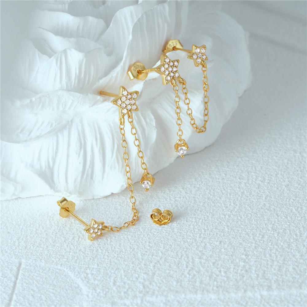 Silver Tassel Rhinestone Double Star Chain Drop Earrings Elegant Fashion Jewelry Accessories For Women Trendy Daily Wear Gifts For Her