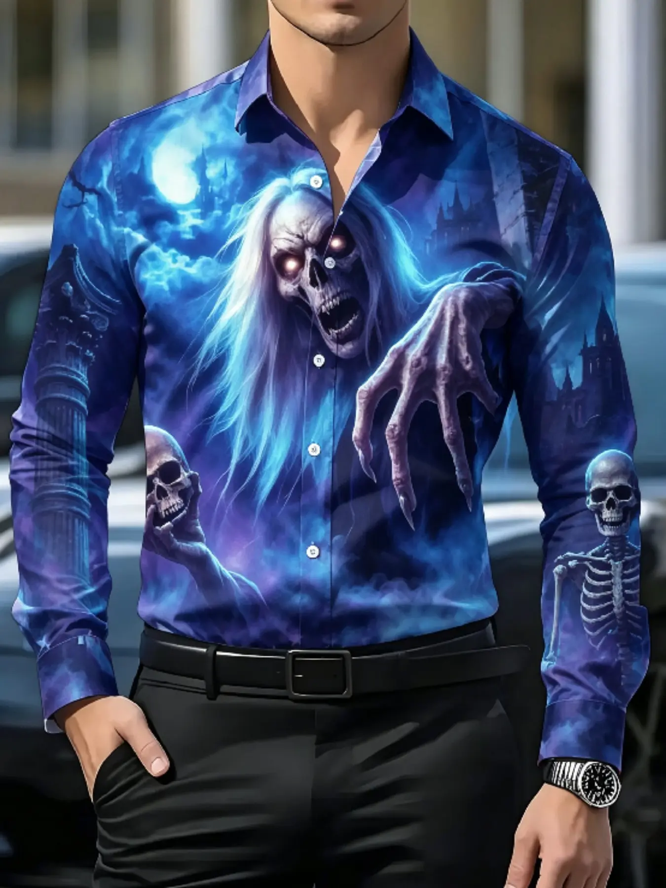 Men's Lapel Long Sleeve Button Down Shirt Blue Purple Ghost Spirit Castle Skeleton Skull Full Moon Mist All Over Print Sublimation Fabric Slim Fit Scary Halloween Party Costume Shirt