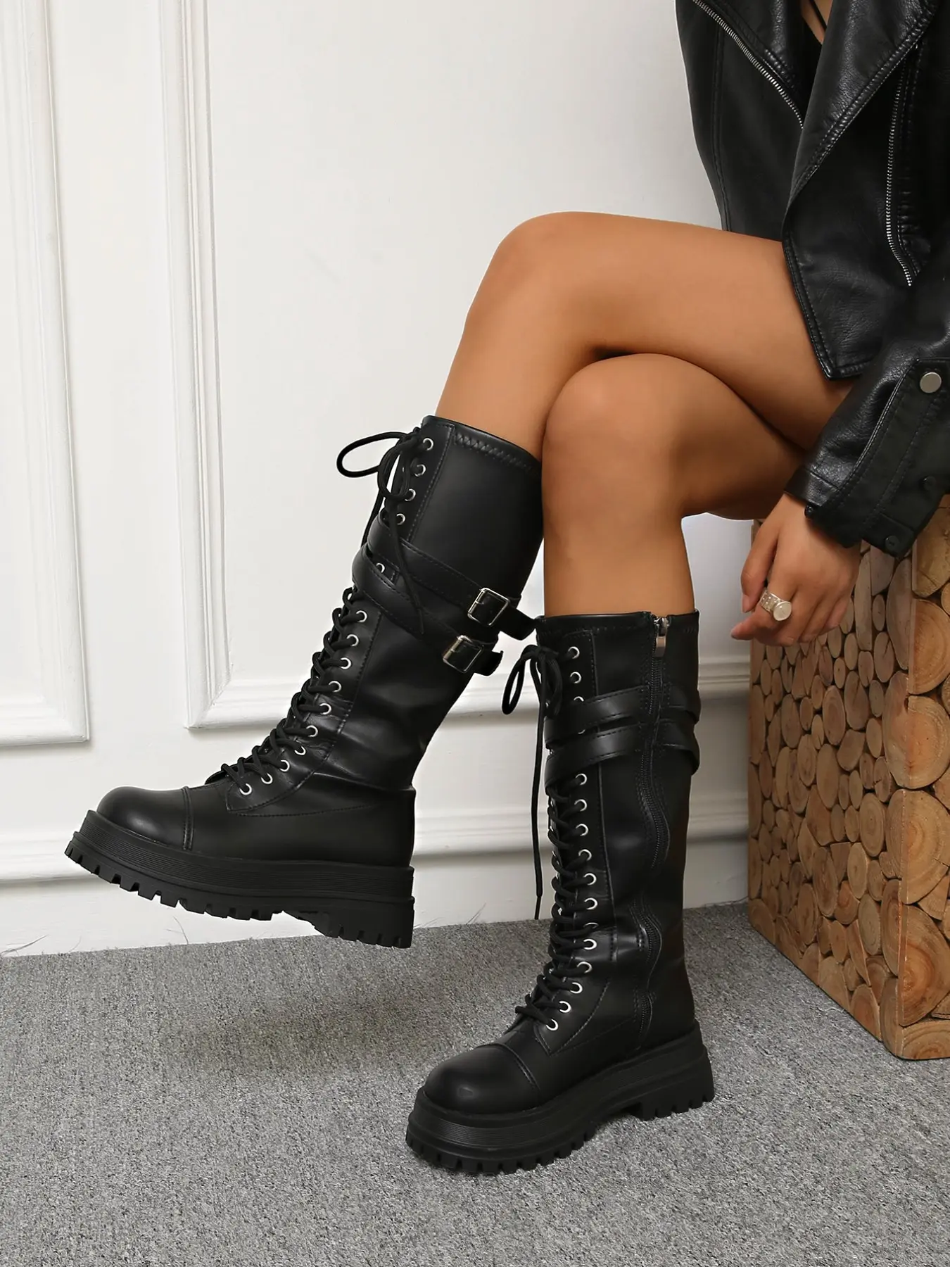 Dark Punk Motorcycle Boots, Dual Metal Buckles, Knee-High PU Leather, Rubber Sole, Fashionable All-Season Streetwear