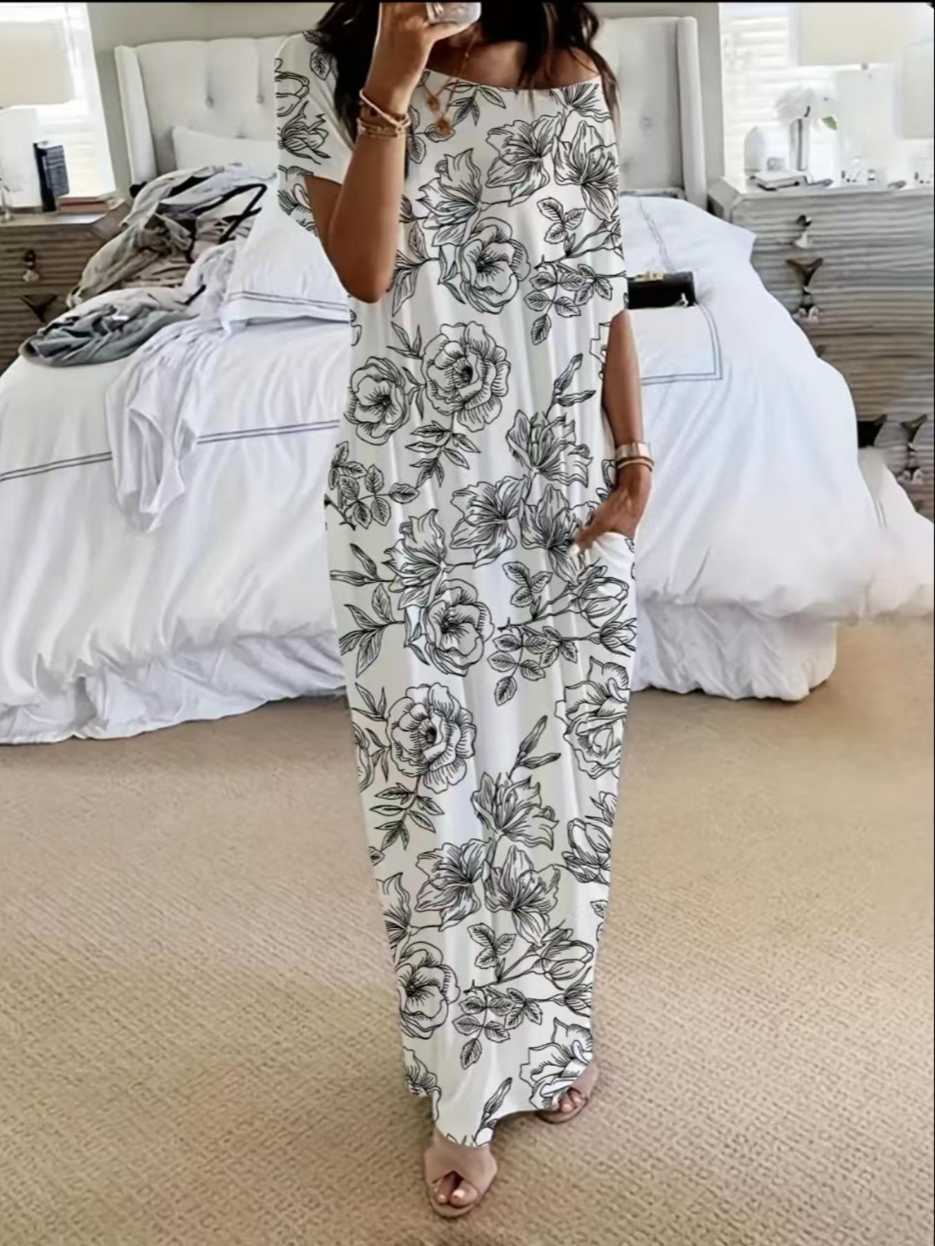 Women's Stylish Casual Long Sleeve Batwing Pocket Nightgown, Comfortable Loose Fit for Home & Sleep, Fashionable Daywear Loungewear Nightwear Dress