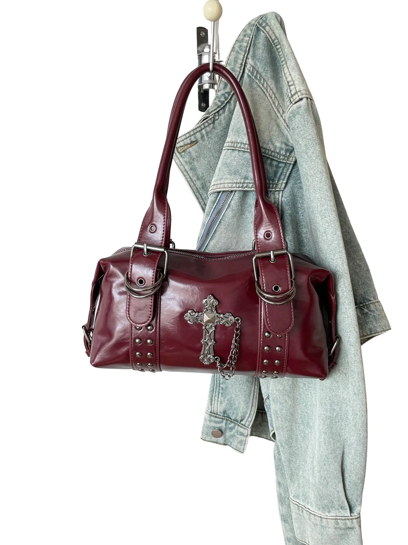 Burgundy Round Handbag, Gothic Punk Y2K Style, Glossy PU Material, Vintage Cross Pendant, Chain Rivet Details, Large Capacity, Adjustable Strap