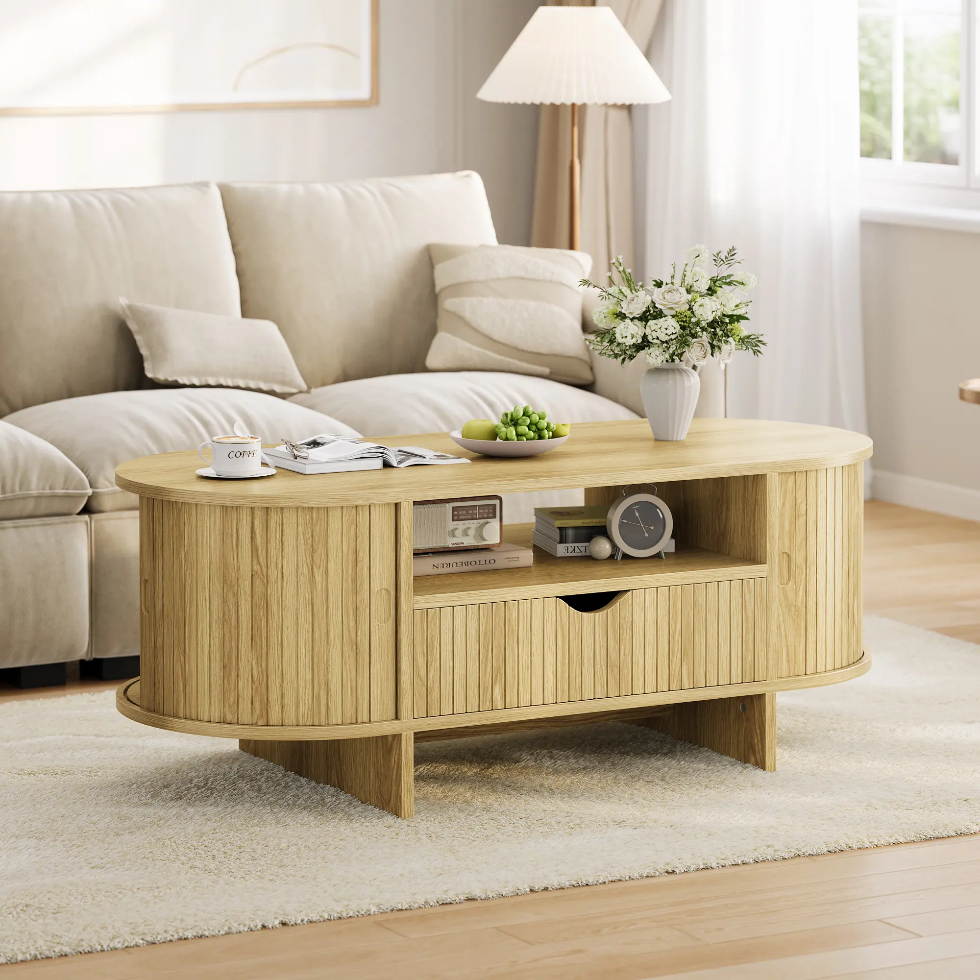 47.2" Oval Coffee Table with Storage, Mid-Century Modern Fluted Wood Center Table - Drawer - Sliding Cabinet Doors - Rounded Edge Cocktail Table - Natural Wood