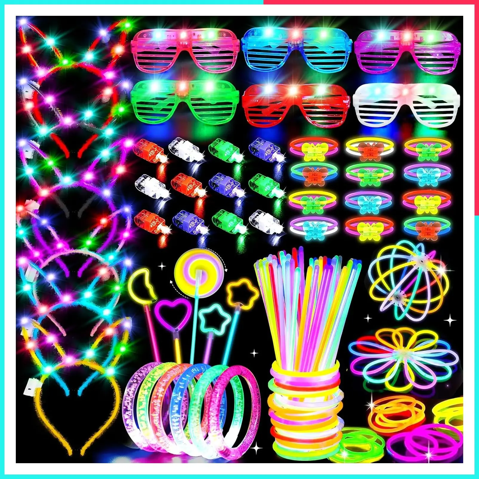 156Pcs Glow in the Dark Party Supplies for Kids & Adults - 100 Glow Sticks, Light-Up Glasses, Headbands, Bracelets, DIY Necklaces & Wands for Birthday, Halloween, Neon Party Decorations