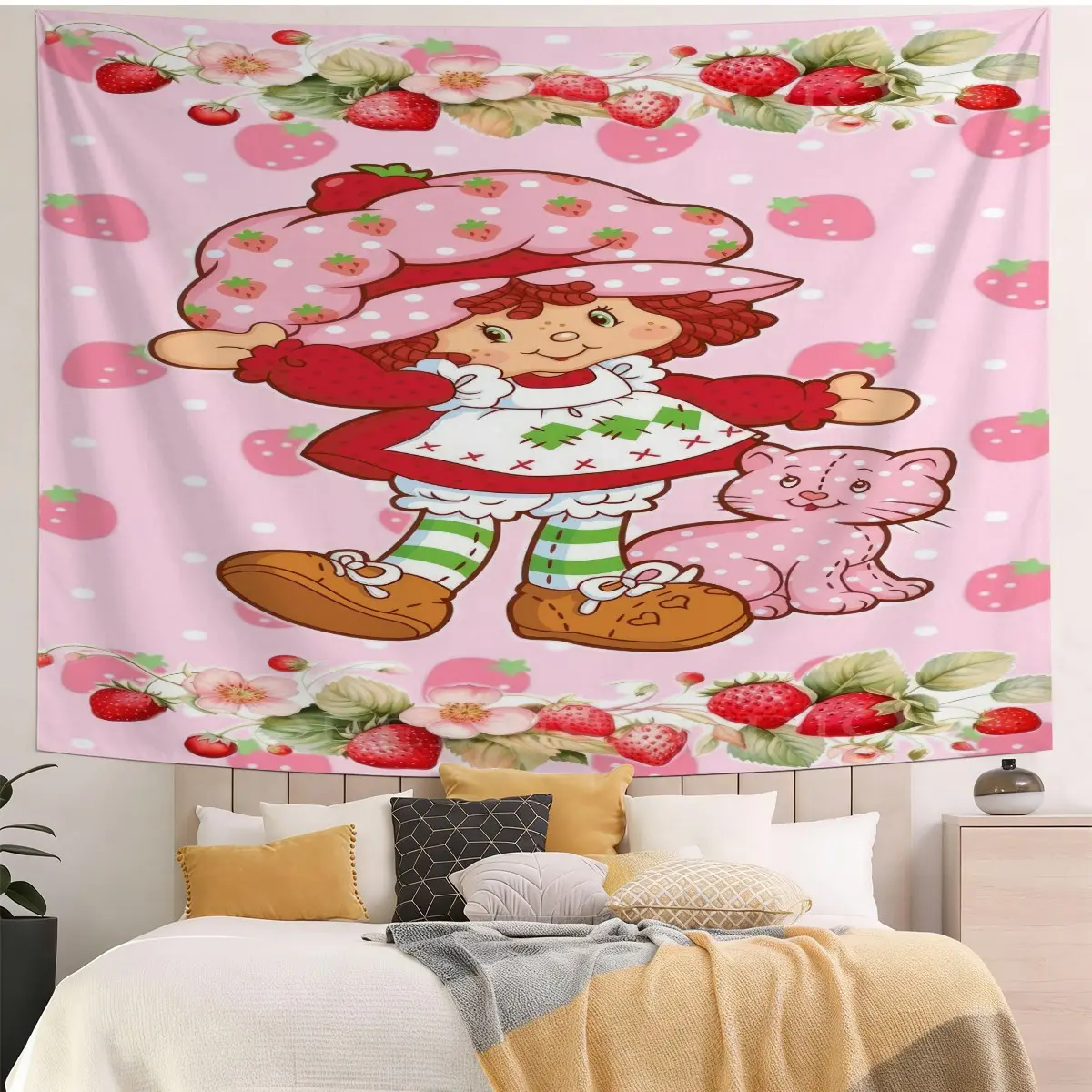 Cartoon Girl Strawberry Pattern Tapestry, Digital Print Wall Hanging Tapestry, Sweet Girly Wall Decor, for Bedroom Dorm Teen Girls Room, Lovely Warm Gift for Strawberry Cartoon Lovers