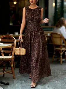 Elegant Chic Leopard Print Lightweight Breathable Mesh Dress, Round Neck Waist Cinch Gown, Tie Belt A-Line Sleeveless Long Dress, Party Wear, Wedding Guest Attire, Wedding Guest Dresses