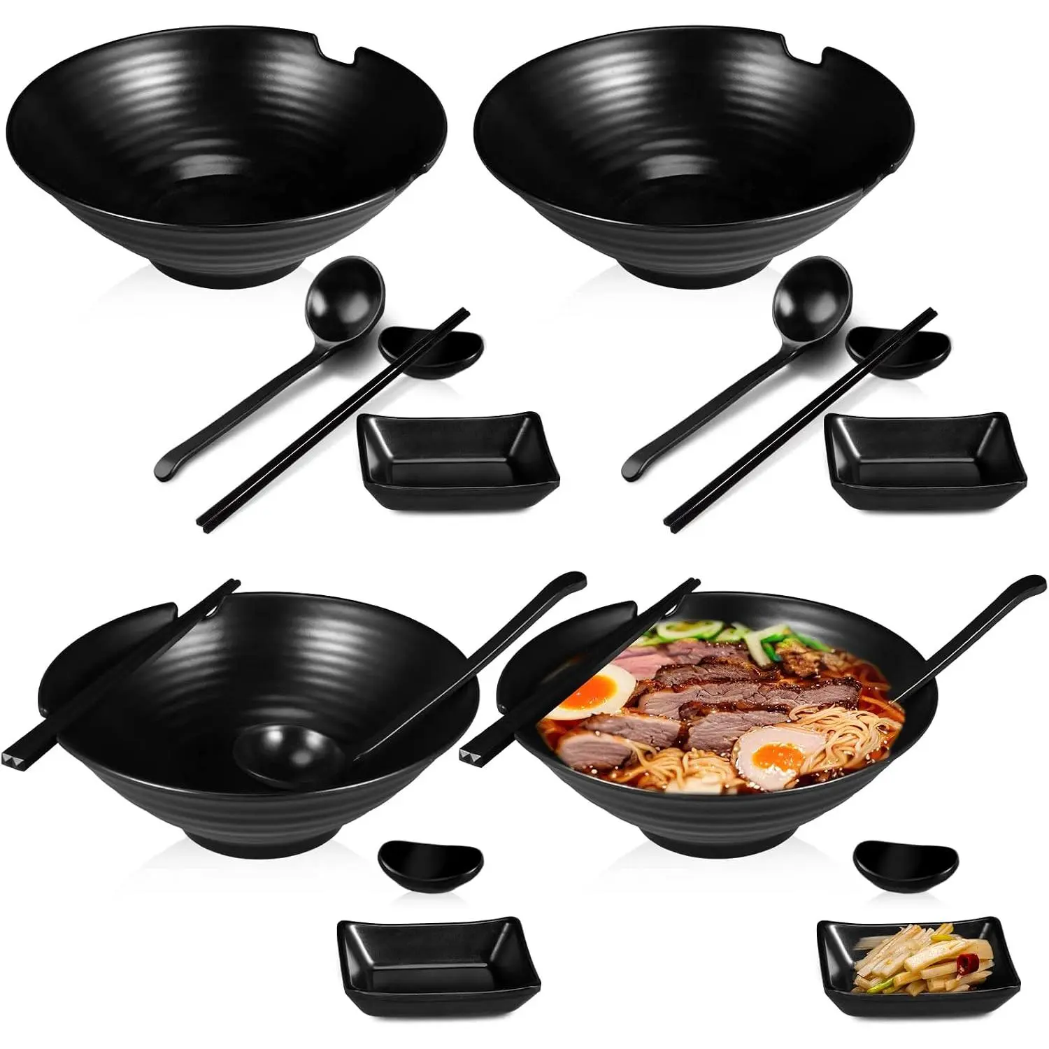 4 Sets  Ramen Bowl Set 37 oz Black Large Ramen Noodle Bowl  Chinese Korean Miso Soup Bowl with Spoons Chopsticks Saucers and Chopsticks Holders for Pho Udon Thai Soba