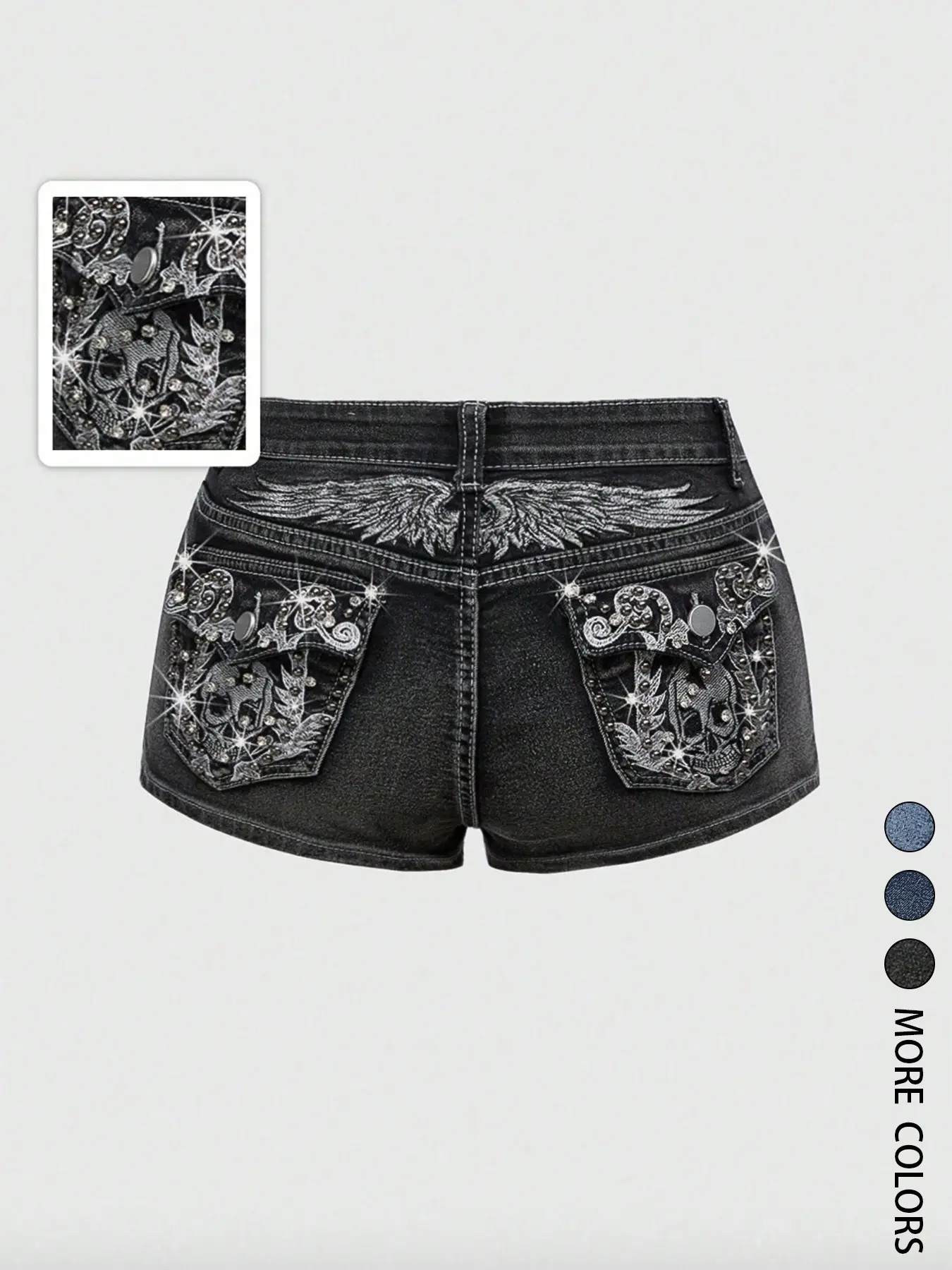 Women's Y2K Retro Wing & Skull Embroidery Low Waist Ultra-Short Denim Shorts, Crop Denim Shorts, Stylish and Trendy Design, Perfect for Casual Wear