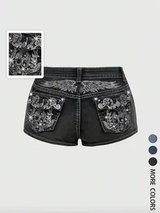 Women's Y2K Retro Wing & Skull Embroidery Low Waist Ultra-Short Denim Shorts, Crop Denim Shorts, Stylish and Trendy Design, Perfect for Casual Wear