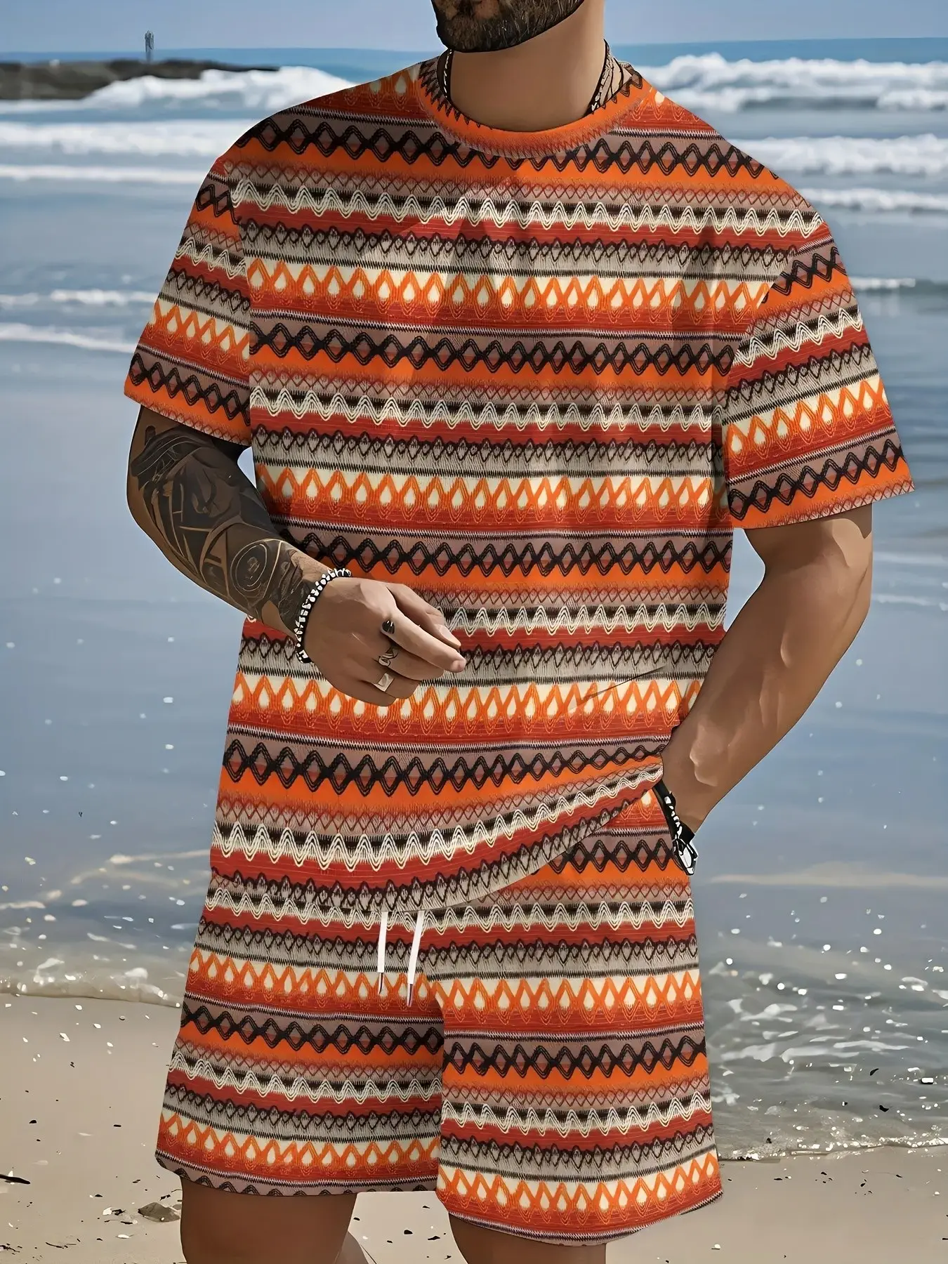 Beach Vacation Men Ethnic Texture Print Two Piece Suit Retro Wave Horizontal Bar Art Print Loose Beach Travel Short Outfit