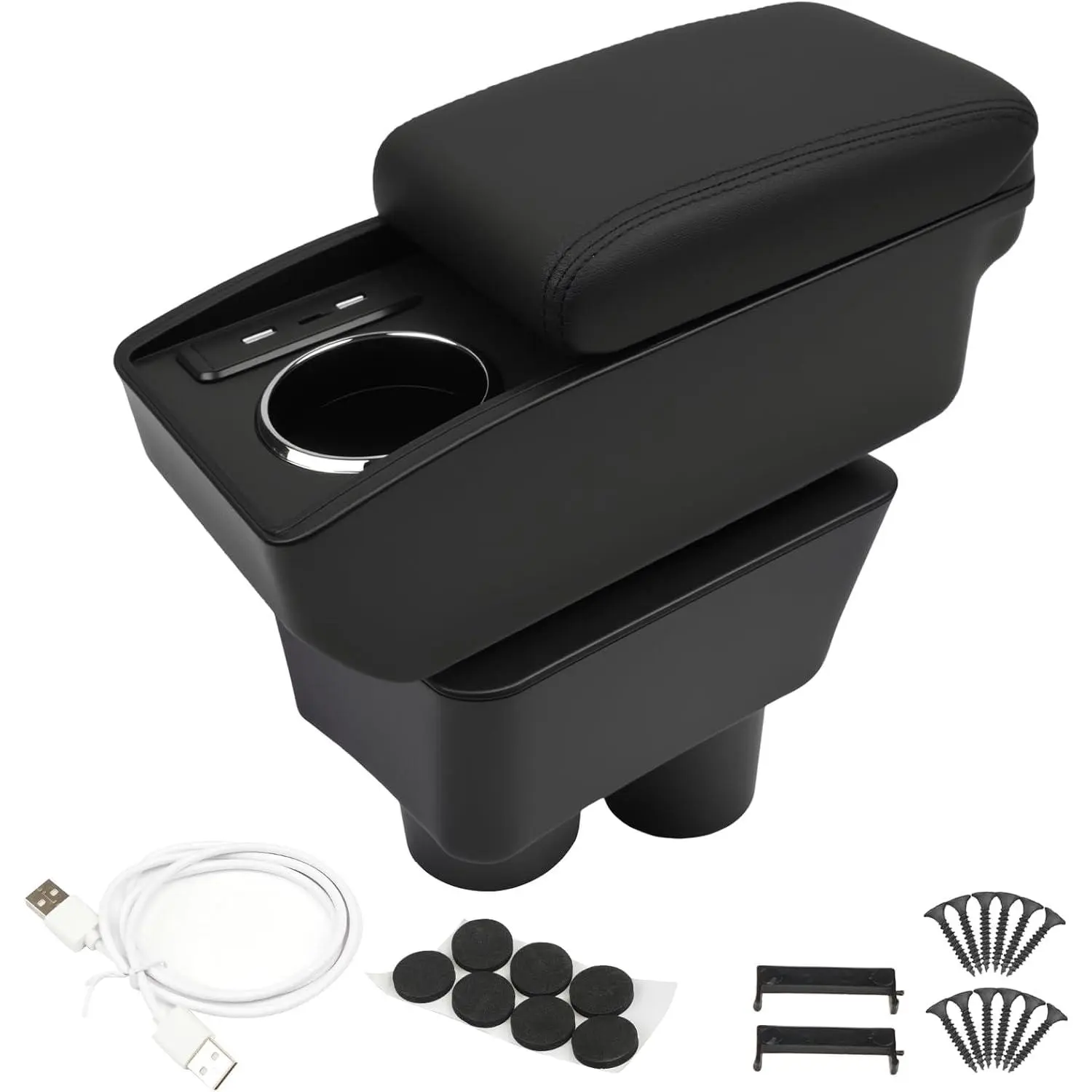 Car Armrest Storage Box Compatible with Nissan Almera Versa 2012-2019 Double Layer with 6 Ports and Cup Holder Car Interior Accessories Black Thread