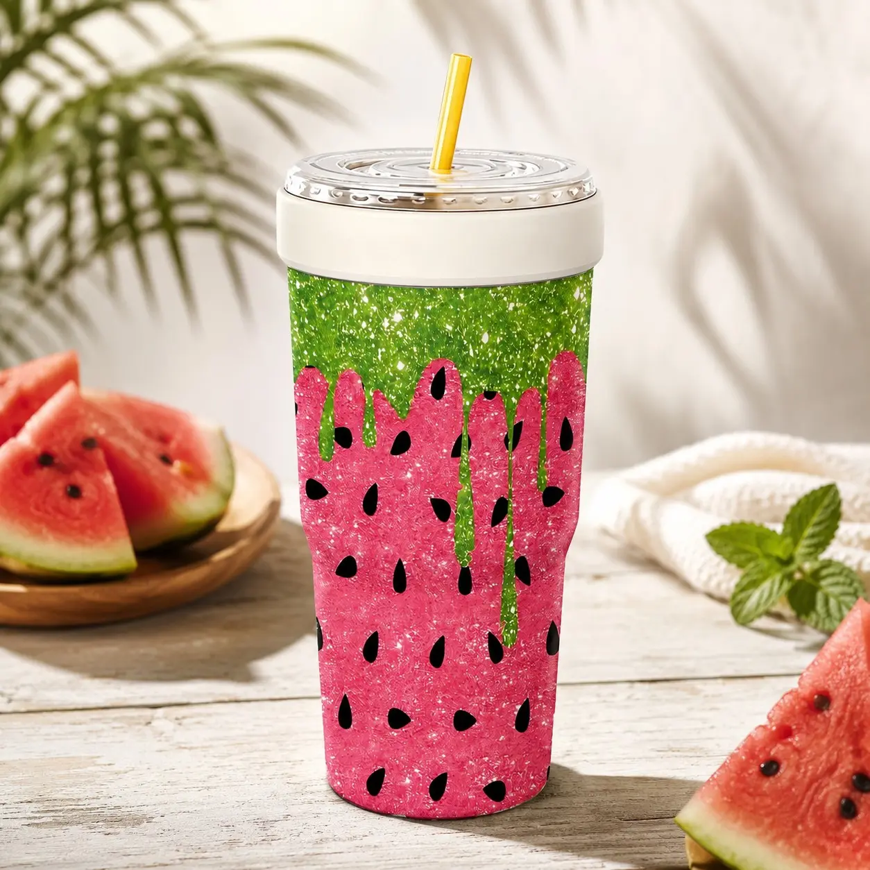 1 Pc 32oz Summer Watermelon Glitter Print 2-in-1 Insulated Can Cooler, Includes Tumbler Lid, Converts into a 32oz Travel Tumbler, Double Wall Vacuum Stainless Steel, Fits Most 16-24oz To-Go Coffee & Bubble Tea Cups, Perfect for Summer, Christmas & Daily U