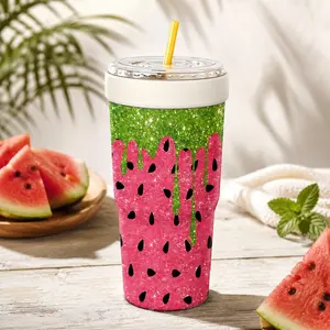 1 Pc 32oz Watermelon Glitter Insulated Can Cooler, Double Wall, Leak Proof, Cold 24H, Hot 12H, No Sweat, Fits Most Cup Holders, Non Slip Silicone, Camping Must Have, Kitchen Essential, Summer Gift, For Daily Use, BBQ, Party, Travel