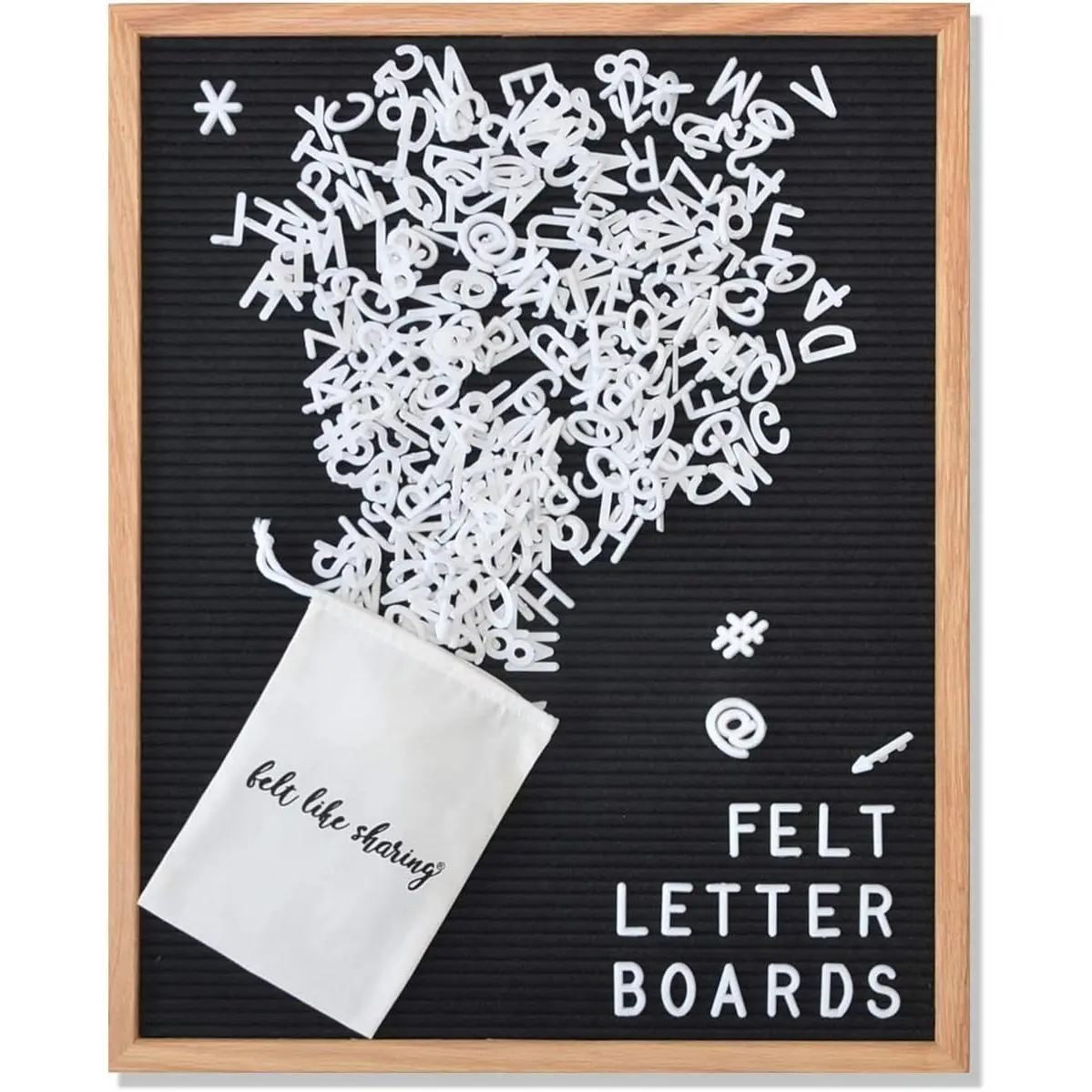 Black Felt Letter Board 16x20 Inches, Changeable Letter Board Plus 348 White Plastic Letters, Warm Oak Frame Wooden Letter Board w/Sawtooth Wall Hanger + Drawstring Pouch For Letterboard Letters